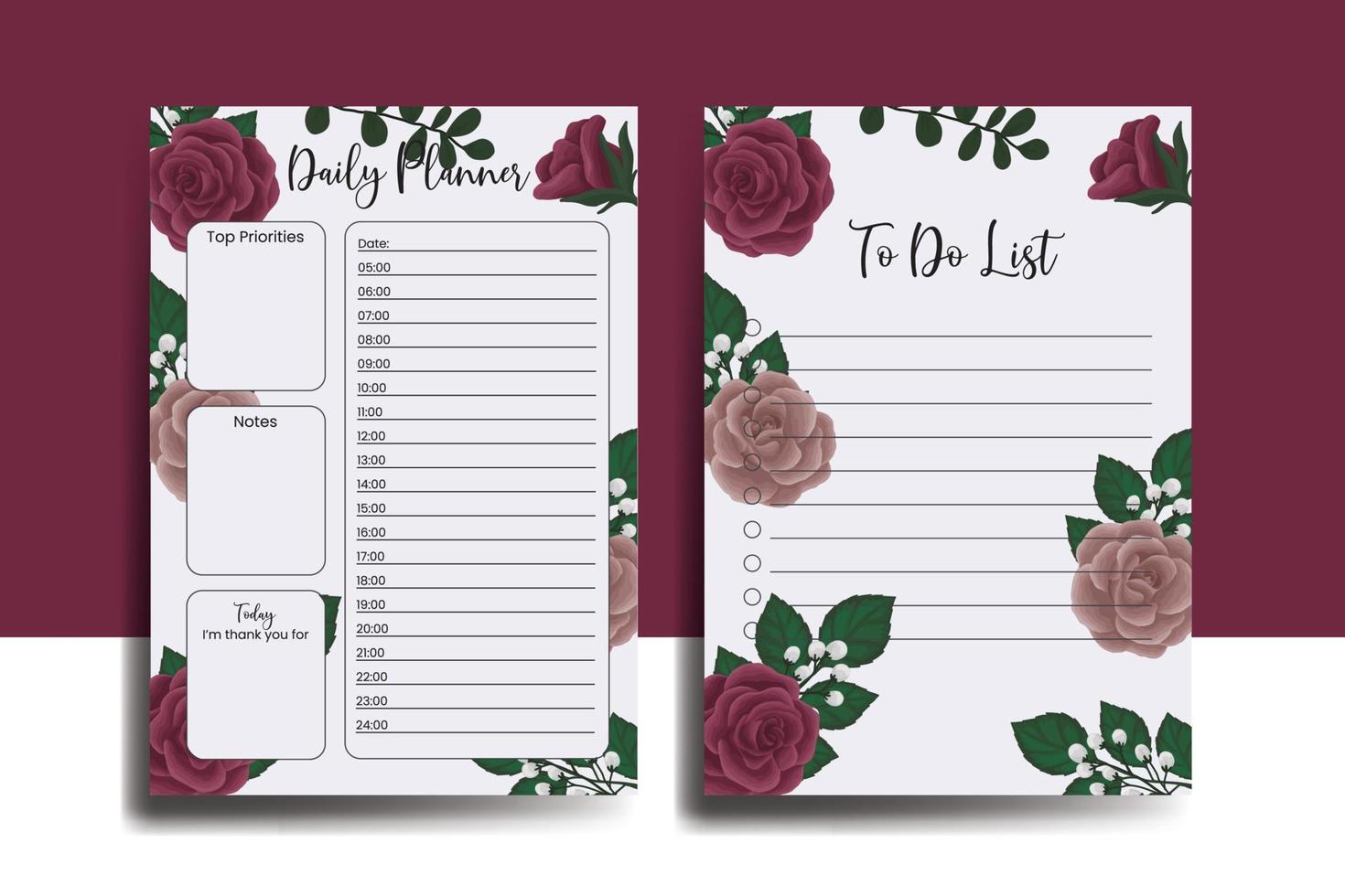 Planner To Do List Maroon Rose Flower Design Template vector