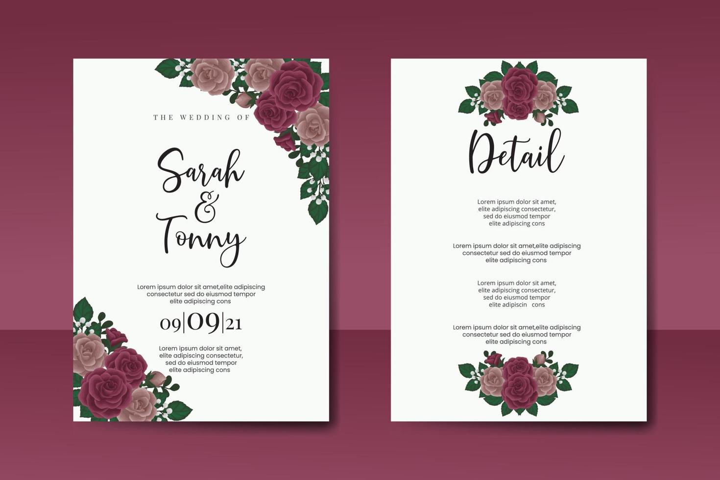 Wedding invitation frame set, floral watercolor Digital hand drawn Maroon Rose flower design Invitation Card Template vector