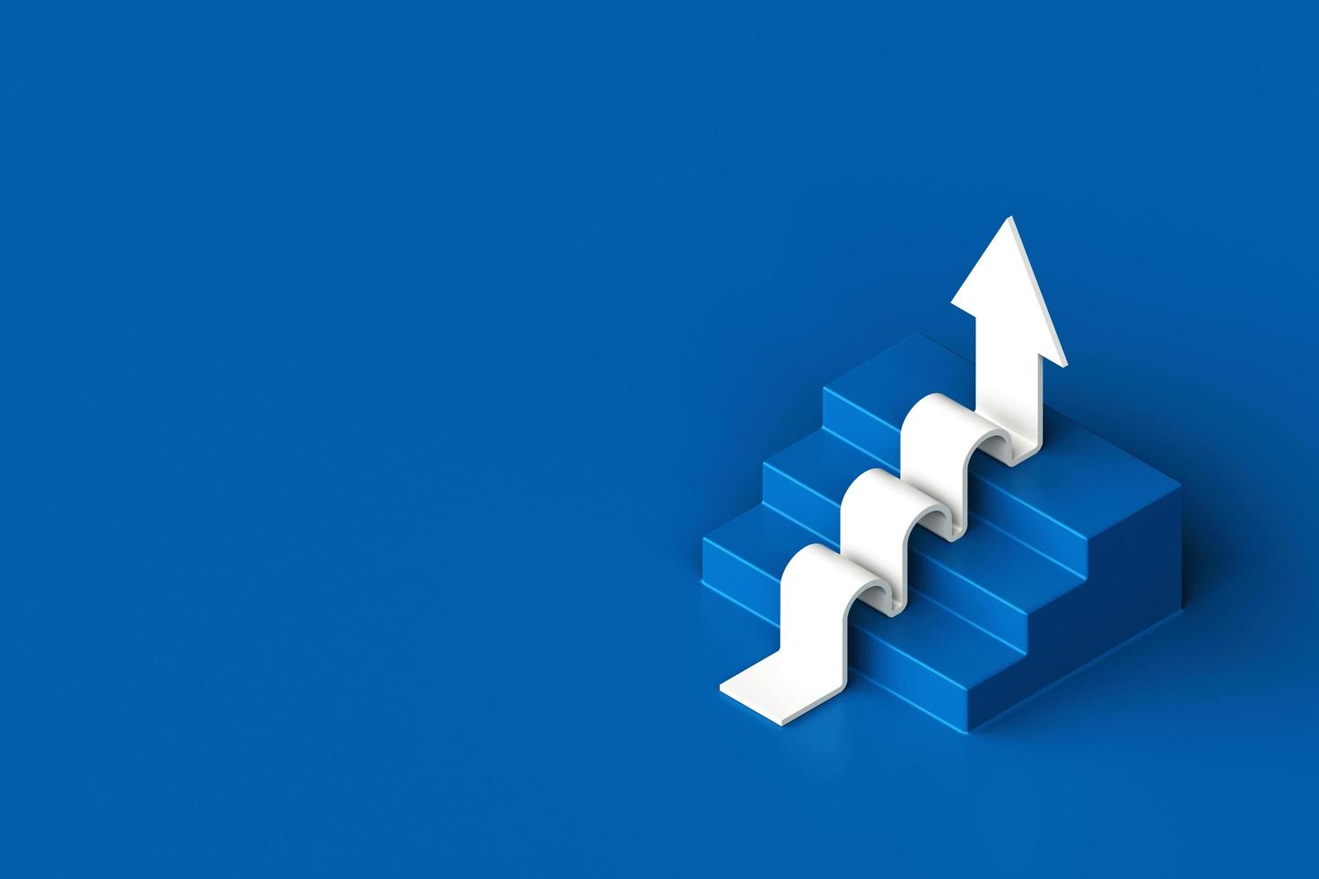 White arrow following the stairs of growth on blue background, 3D arrow climbing up over a staircase , 3d stairs with arrow going upward, 3d rendering photo