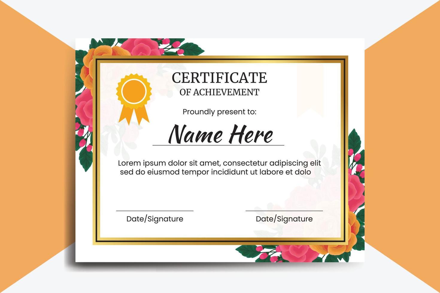 Certificate Template Orange Rose Flower watercolor Digital hand drawn vector