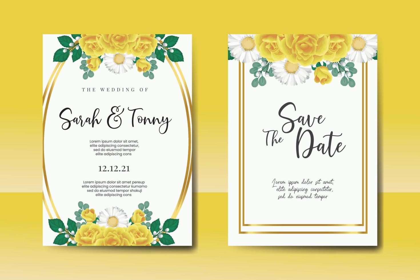 Wedding invitation frame set, floral watercolor Digital hand drawn Yellow Rose flower design Invitation Card Template vector