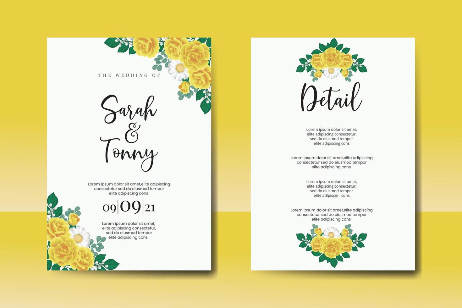 Wedding invitation frame set, floral watercolor Digital hand drawn Yellow Rose flower design Invitation Card Template vector