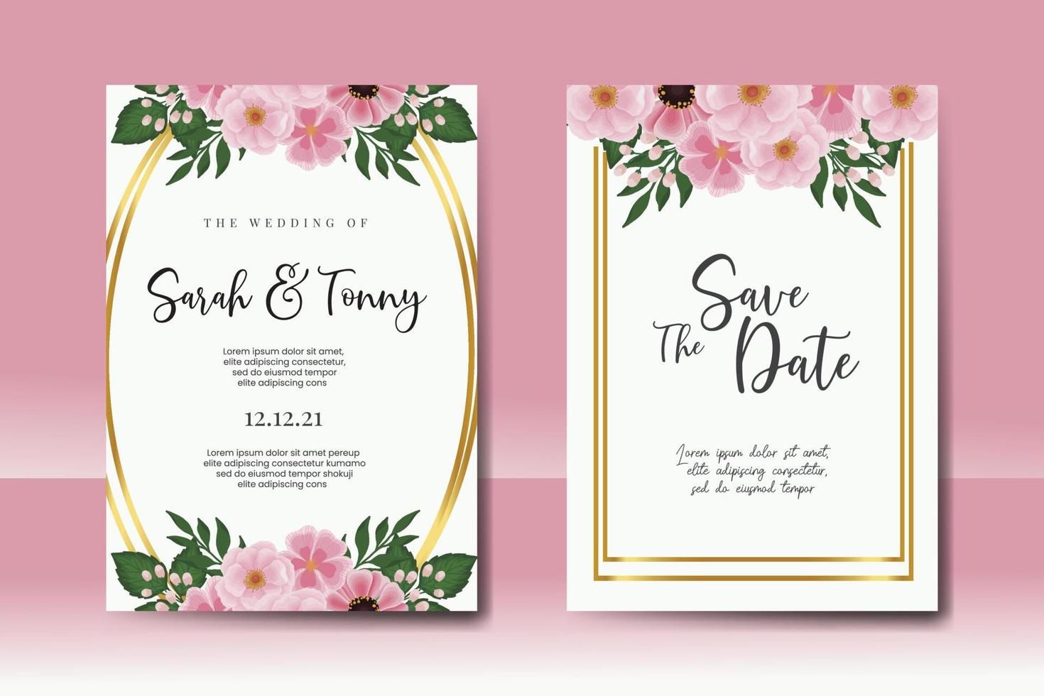 Wedding invitation frame set, floral watercolor Digital hand drawn Zinnia and Peony flower design Invitation Card Template vector