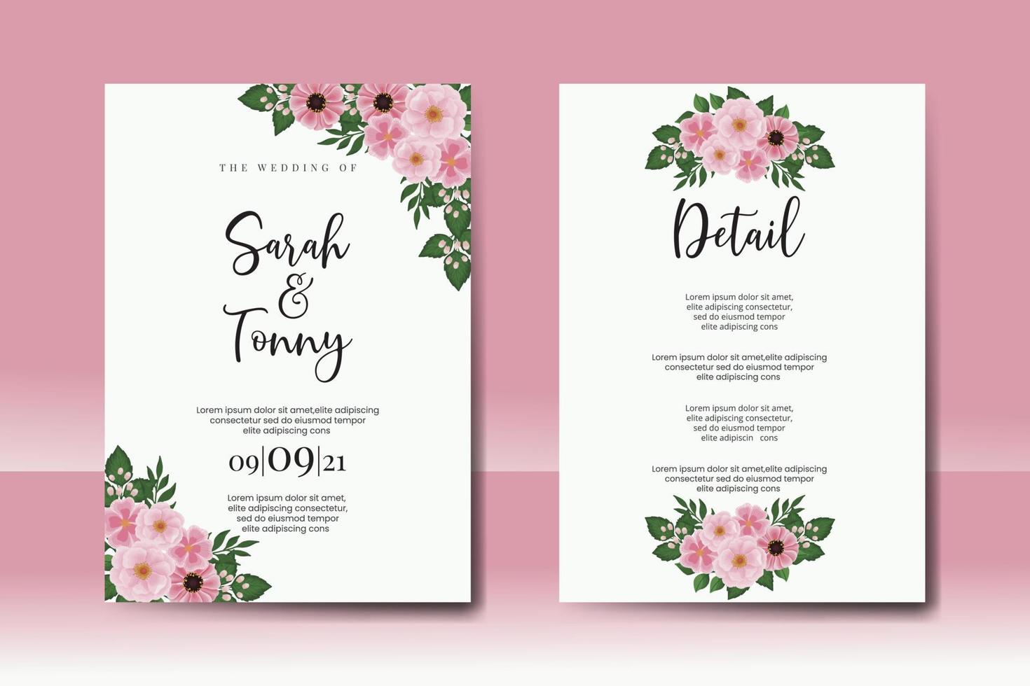 Wedding invitation frame set, floral watercolor Digital hand drawn Zinnia and Peony flower design Invitation Card Template vector