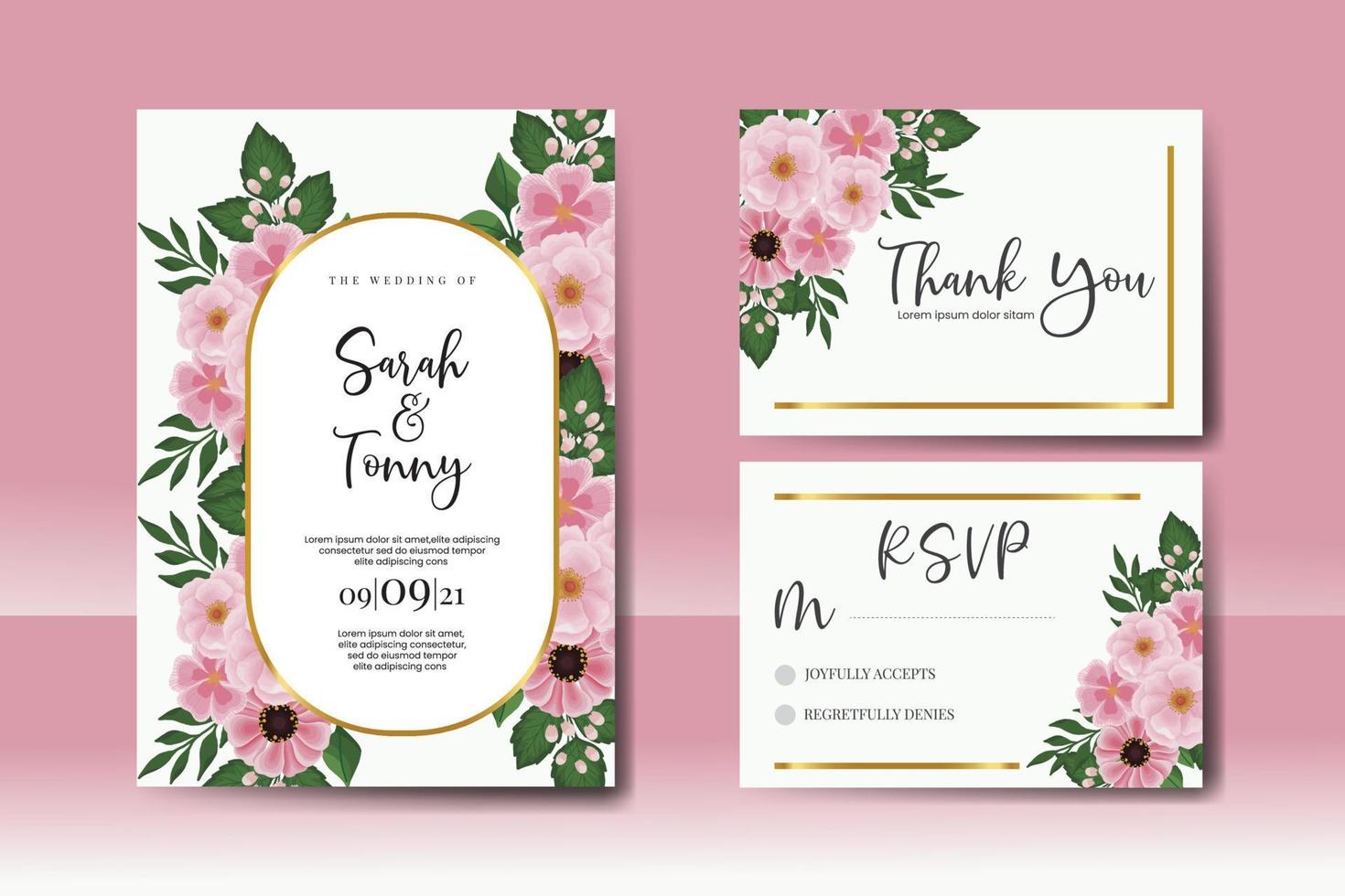 Wedding invitation frame set, floral watercolor Digital hand drawn Zinnia and Peony flower design Invitation Card Template vector