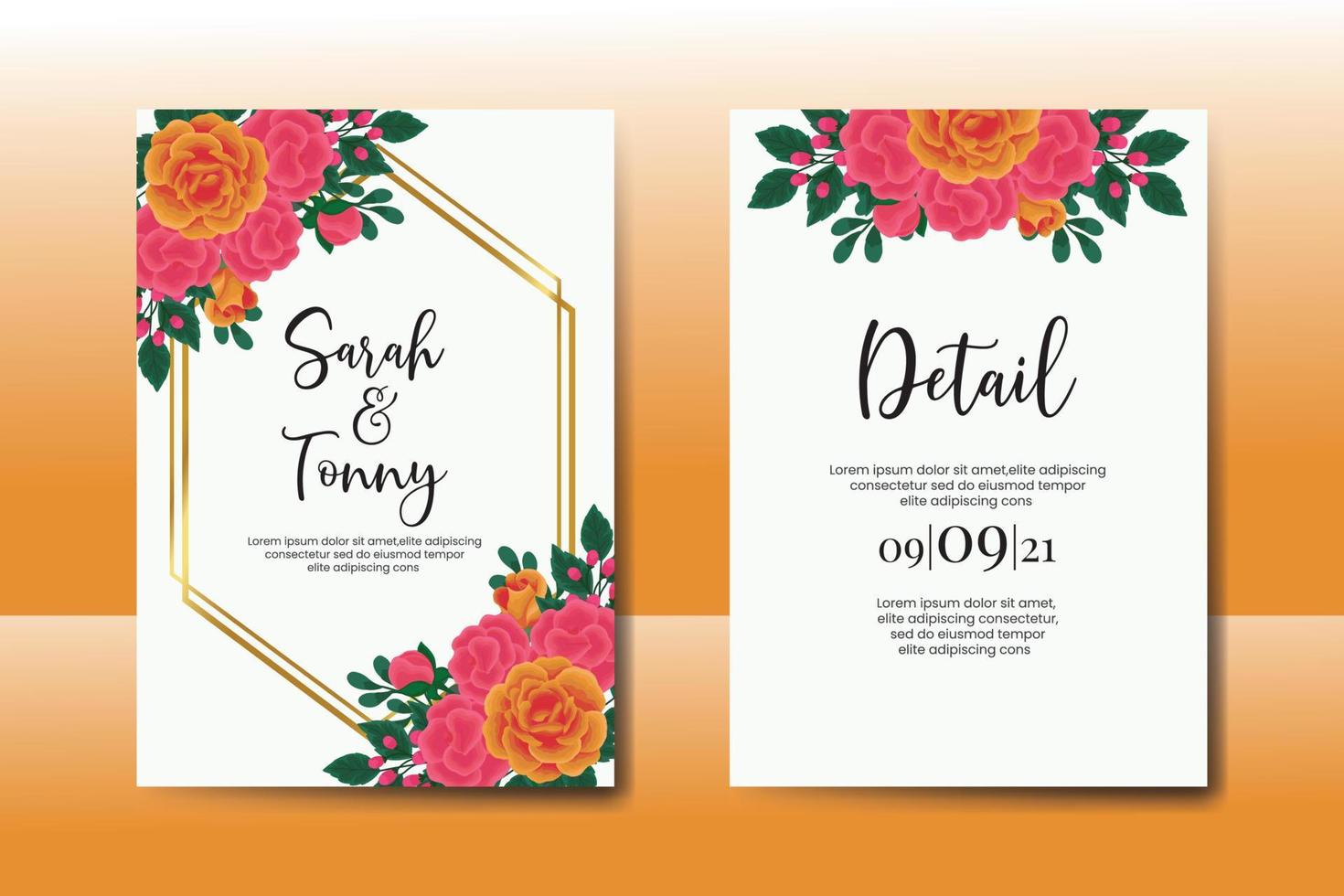 Wedding invitation frame set, floral watercolor Digital hand drawn Orange Rose flower design Invitation Card Template vector