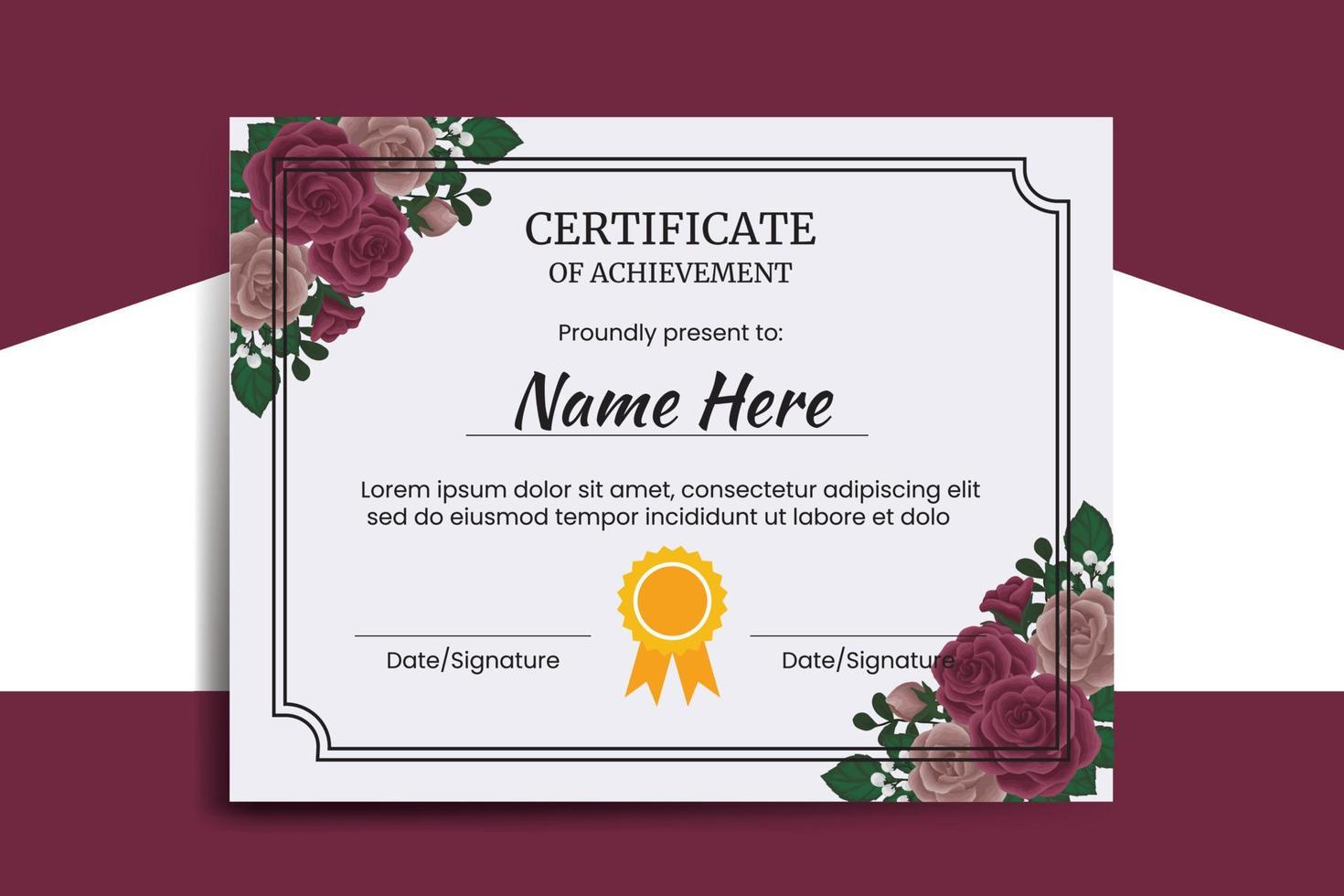 Certificate Template Maroon Rose Flower watercolor Digital hand drawn vector