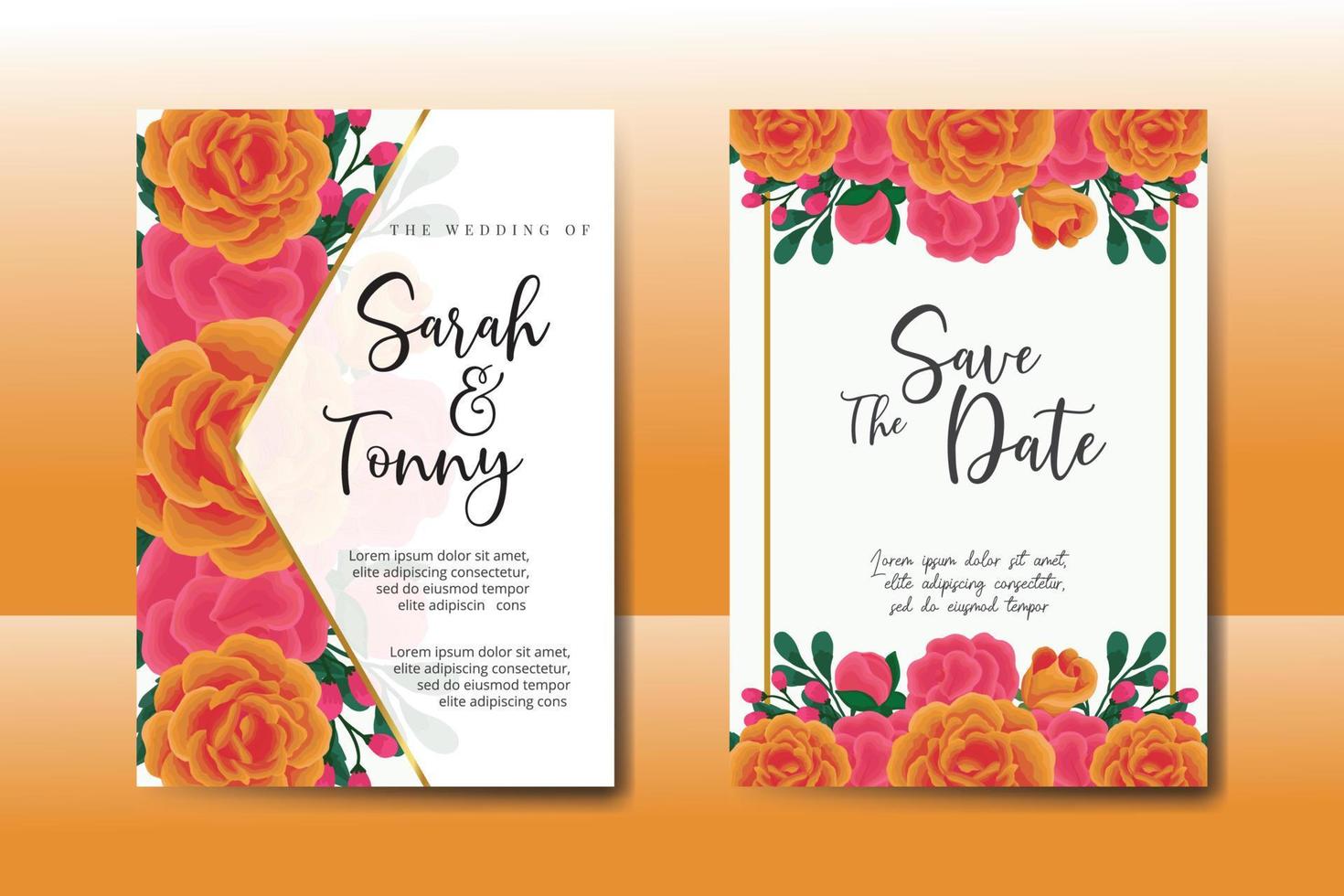 Wedding invitation frame set, floral watercolor Digital hand drawn Orange Rose flower design Invitation Card Template vector