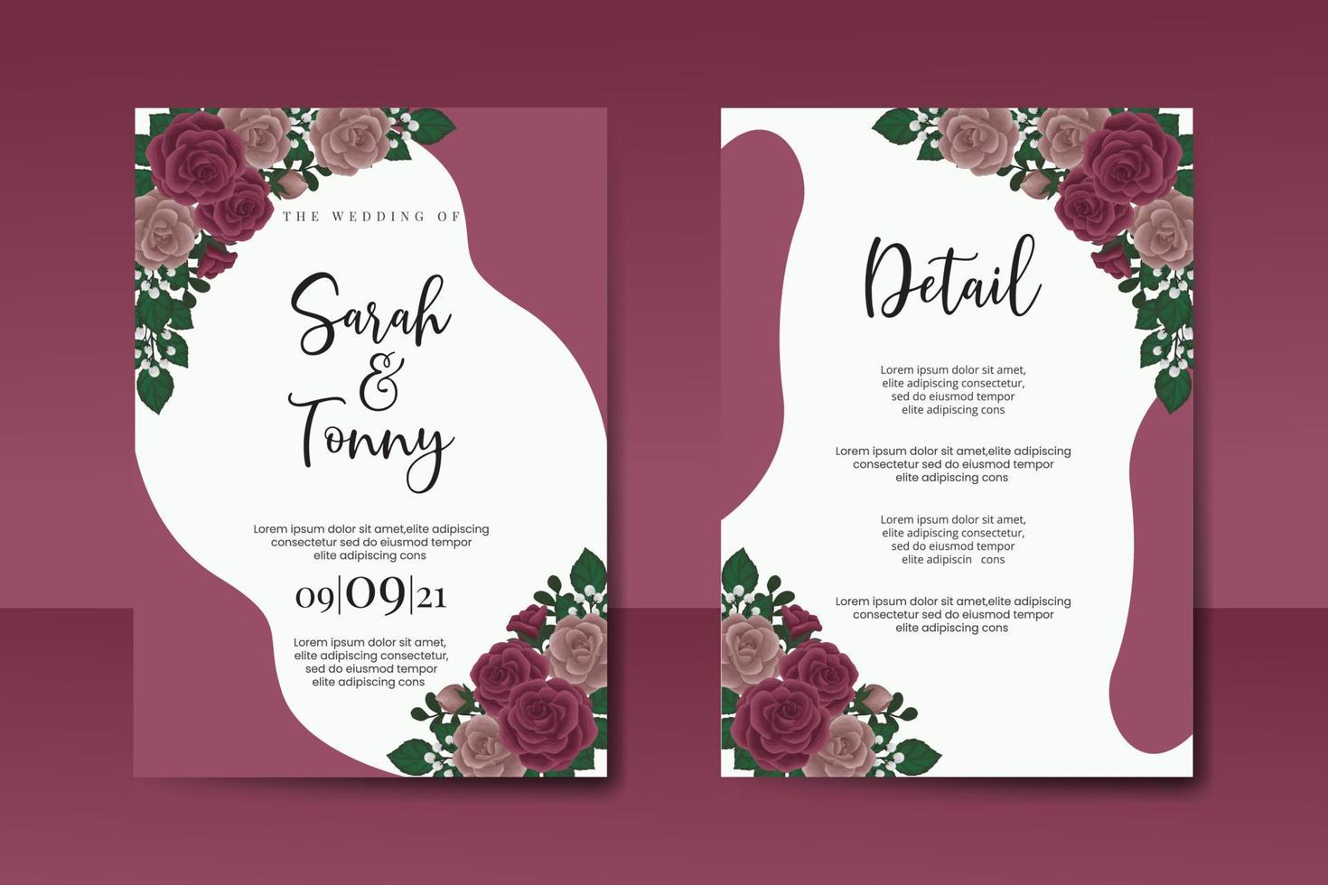 Wedding invitation frame set, floral watercolor Digital hand drawn Maroon Rose flower design Invitation Card Template vector
