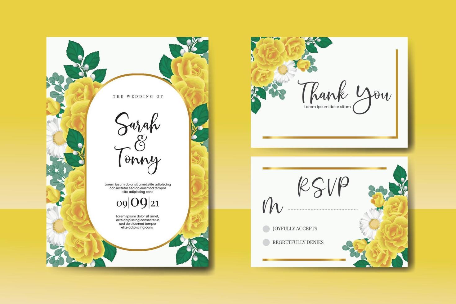 Wedding invitation frame set, floral watercolor Digital hand drawn Yellow Rose flower design Invitation Card Template vector