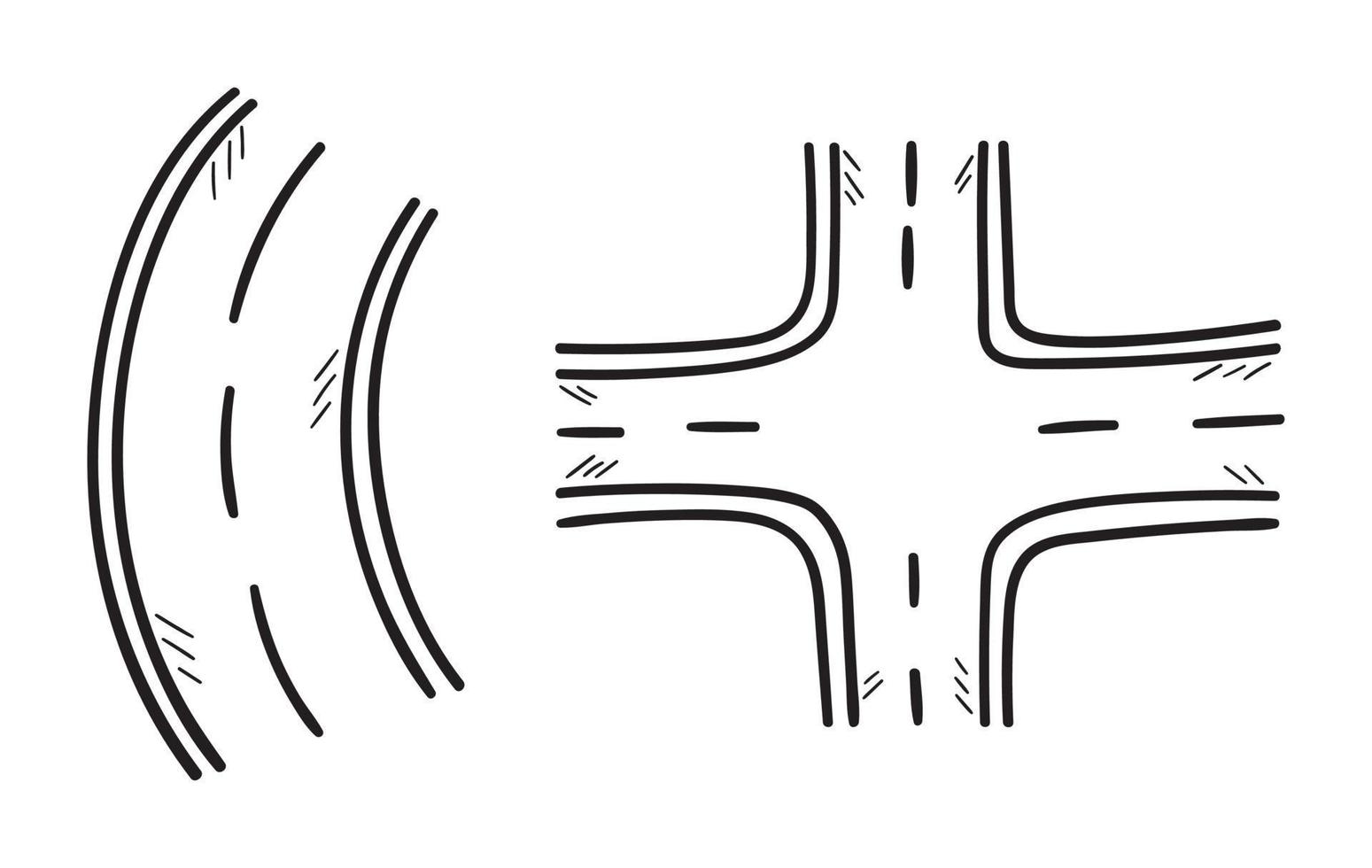 Set of roads in doodle sketch lines top view. Cartoon childish style. Hand drawn vector illustration isolated on white.