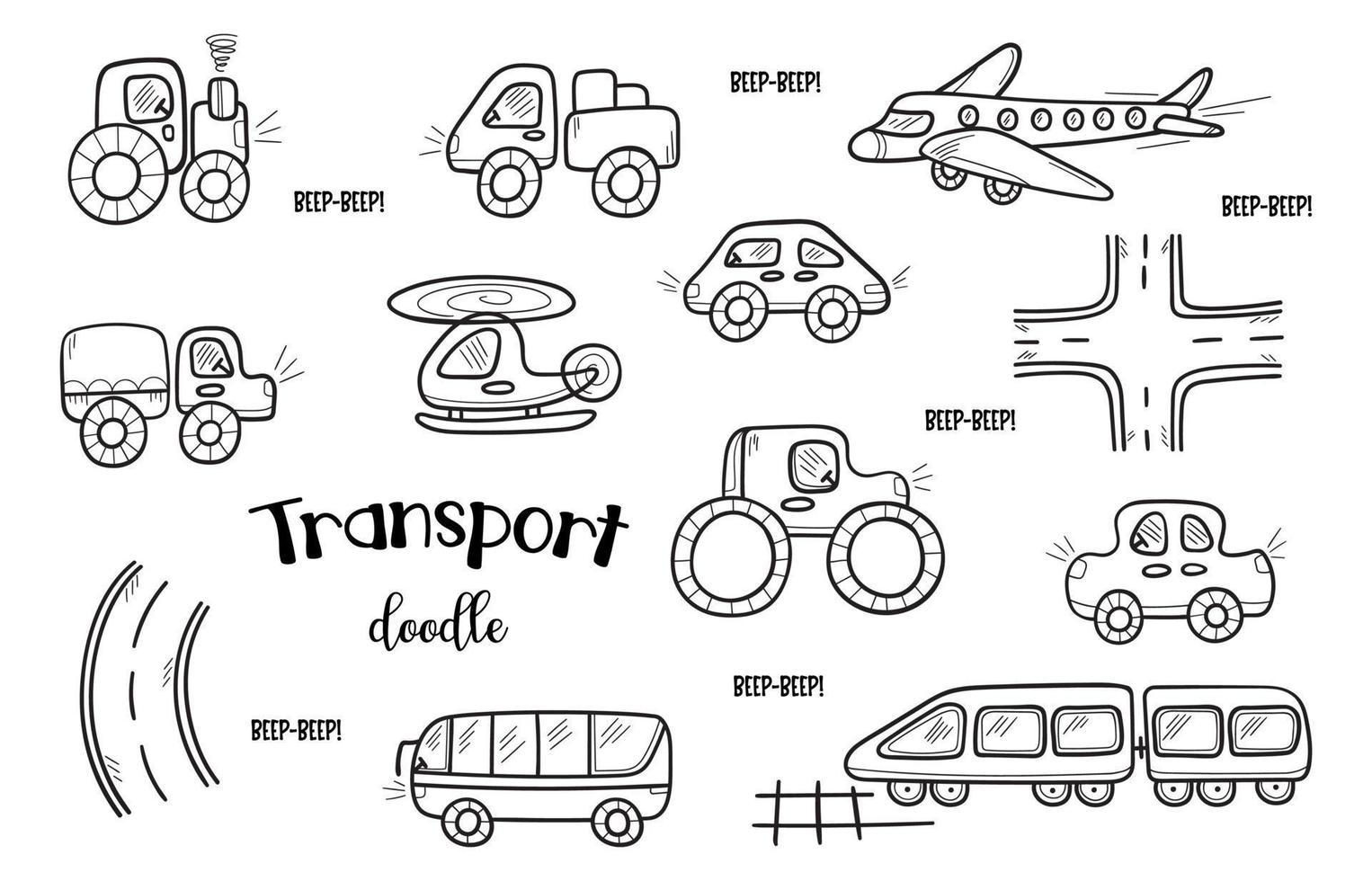 Set of funny transport in doodle sketch. Cartoon childish line art. Hand drawn vector illustration isolated on white.