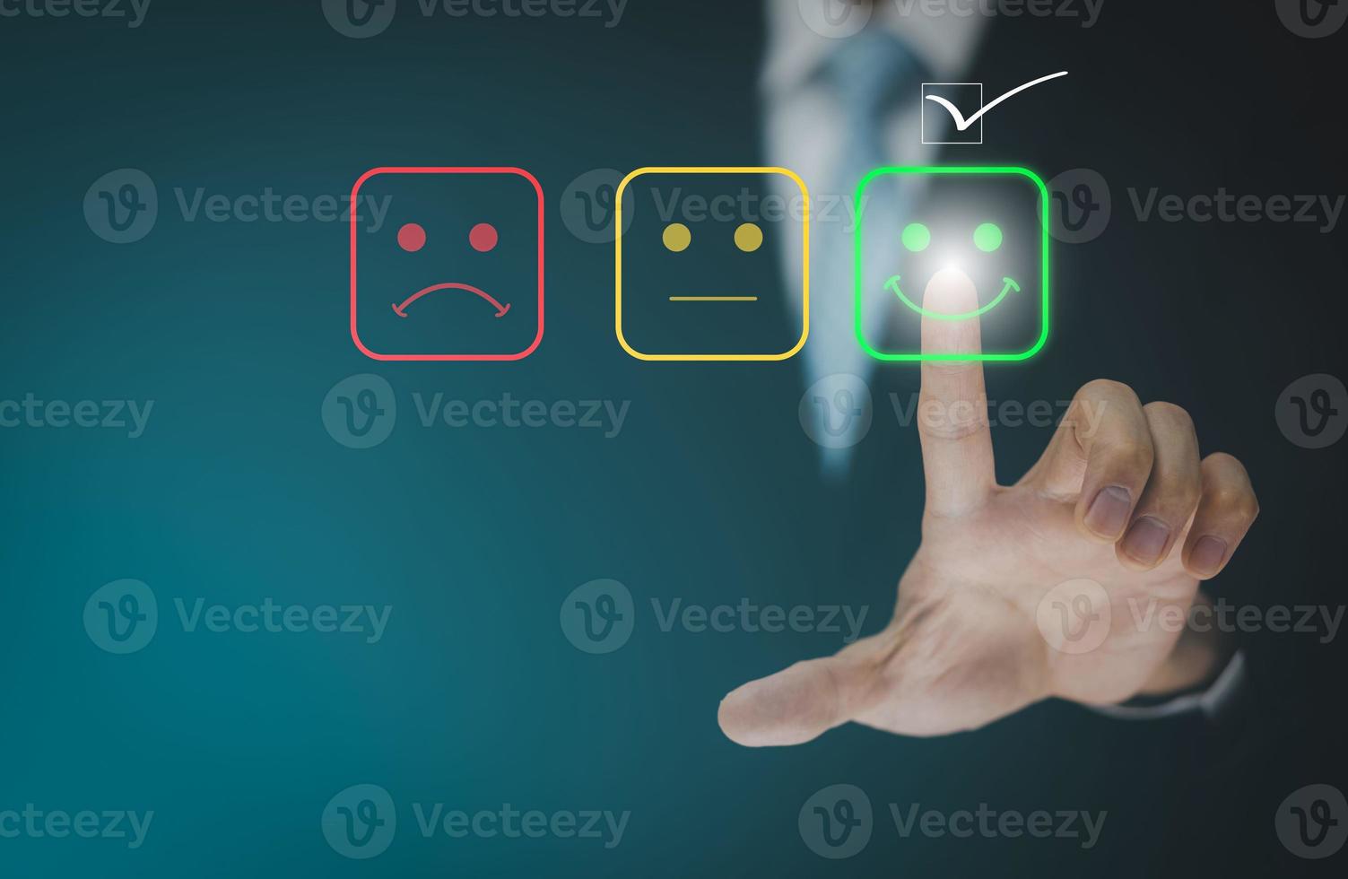 Businessman people are touching the virtual screen on the happy and unhappy Smile face icon in service in the black background, Customer service and Satisfaction concept , photo