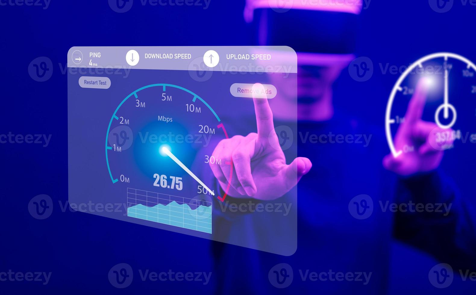 Fast internet connection with Metaverse technology concept, Businessman Wearing VR glasses virtual touch Virtual screen of Internet speed measurement,Internet and technology concept photo