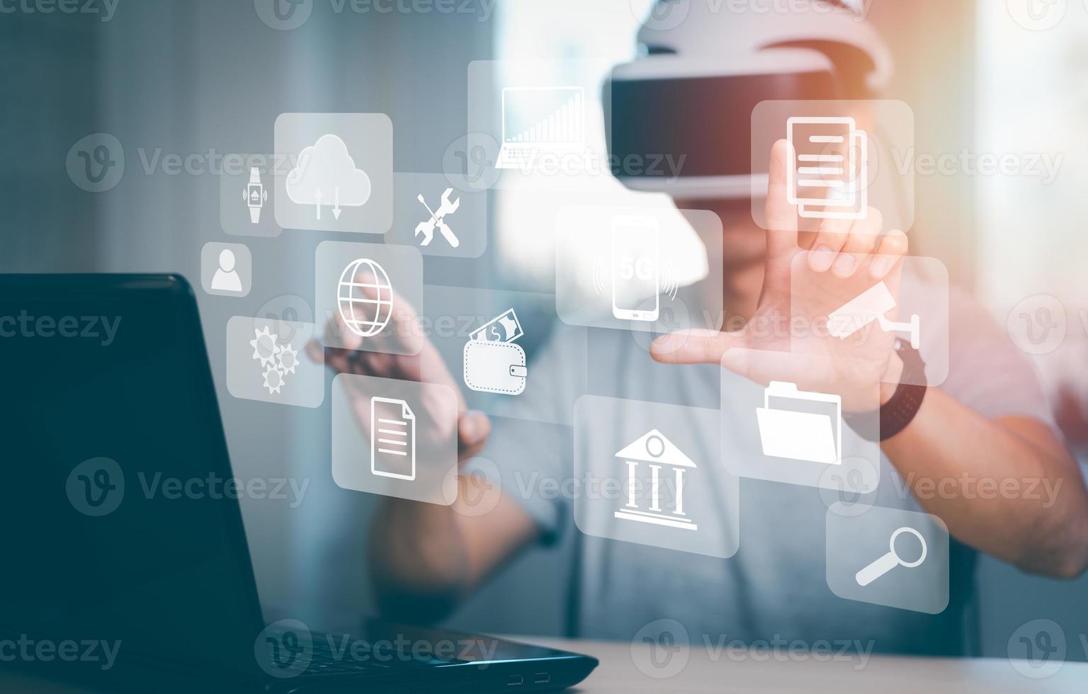 Man wearing VR glasses virtual touchscreen on the graph Screen Icon of a media screen, Technology Process System Business with Communication and marketing concept, big data, HR Human, Business success photo