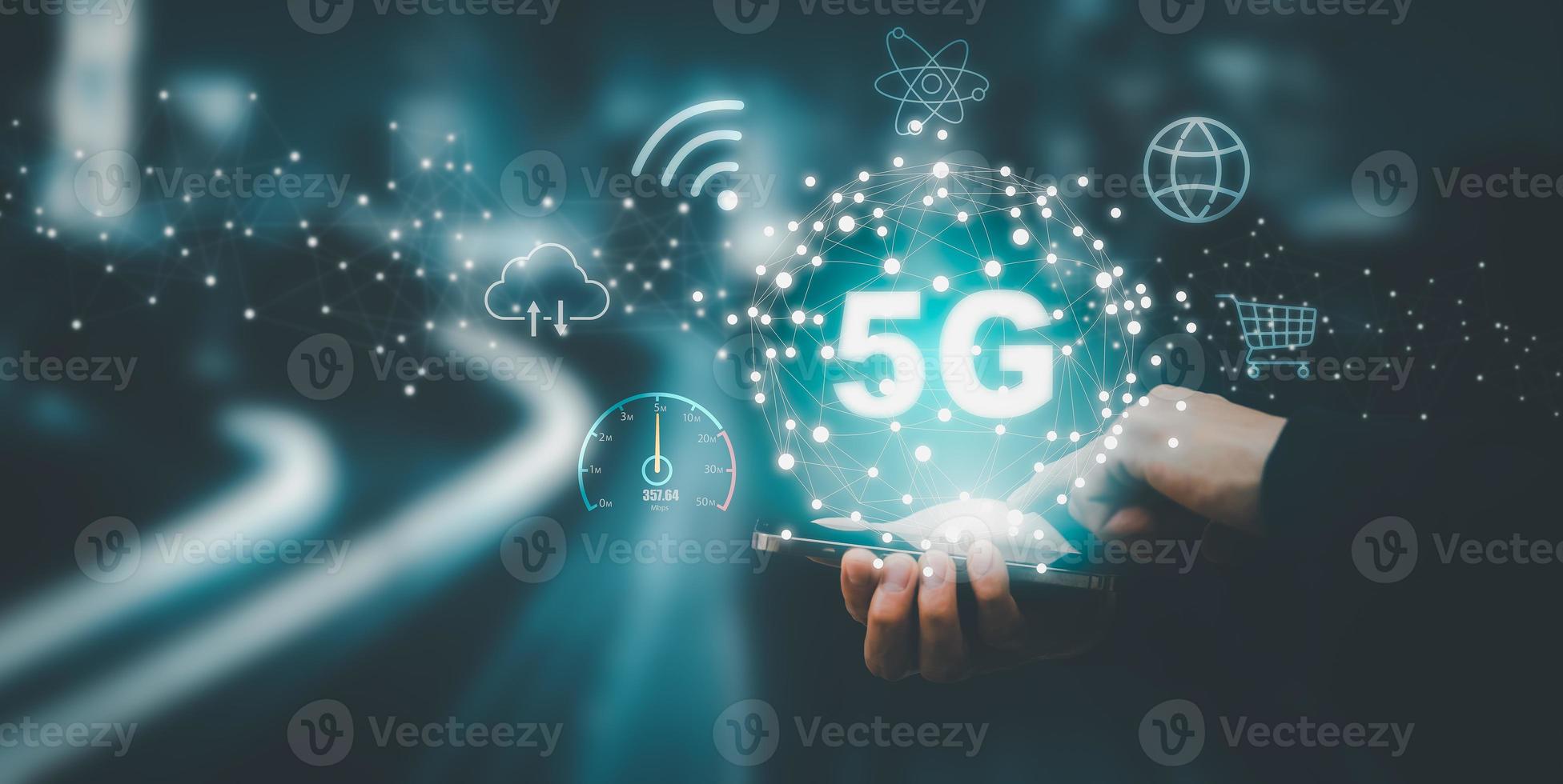 Global network connection 5G on hand business man.Global network connection 5G with icon concept, technology network wireless systems and internet of things, new technologies coming up in the future. photo
