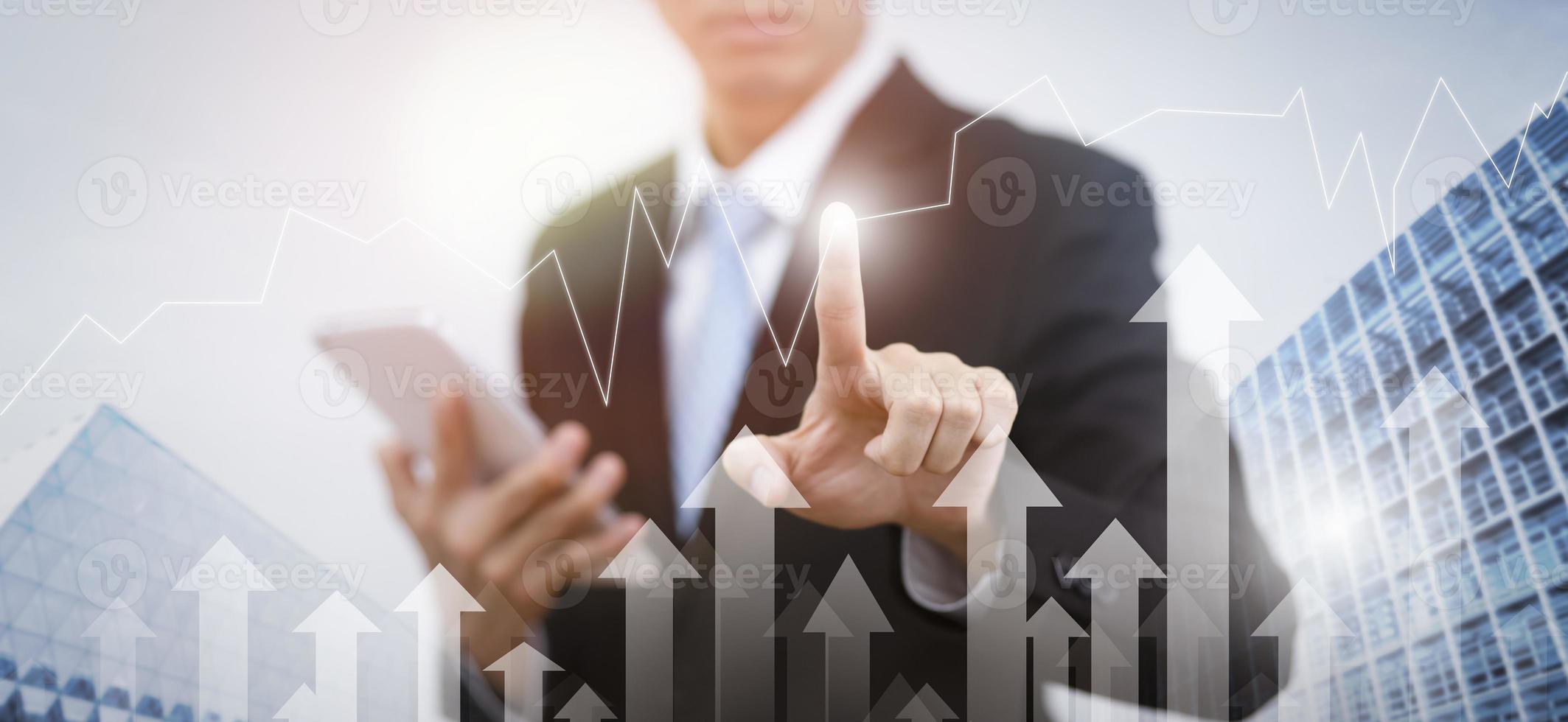 Businessman hand touch bar graph of analytics and financial, Changes in new planning, Business growth, ideas and perspectives, Stock investment, and dividends yield from business and stock market. photo