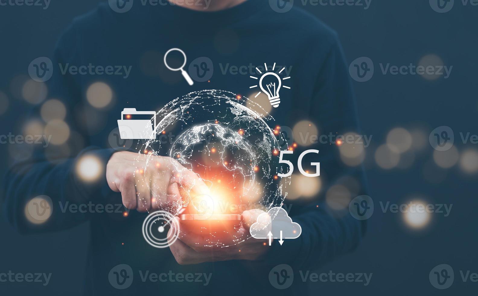 virtual Global Internet connection metaverse concept, Businessman using mobile smartphone, global internet connection application technology and digital marketing, Financial and banking,tech big data. photo