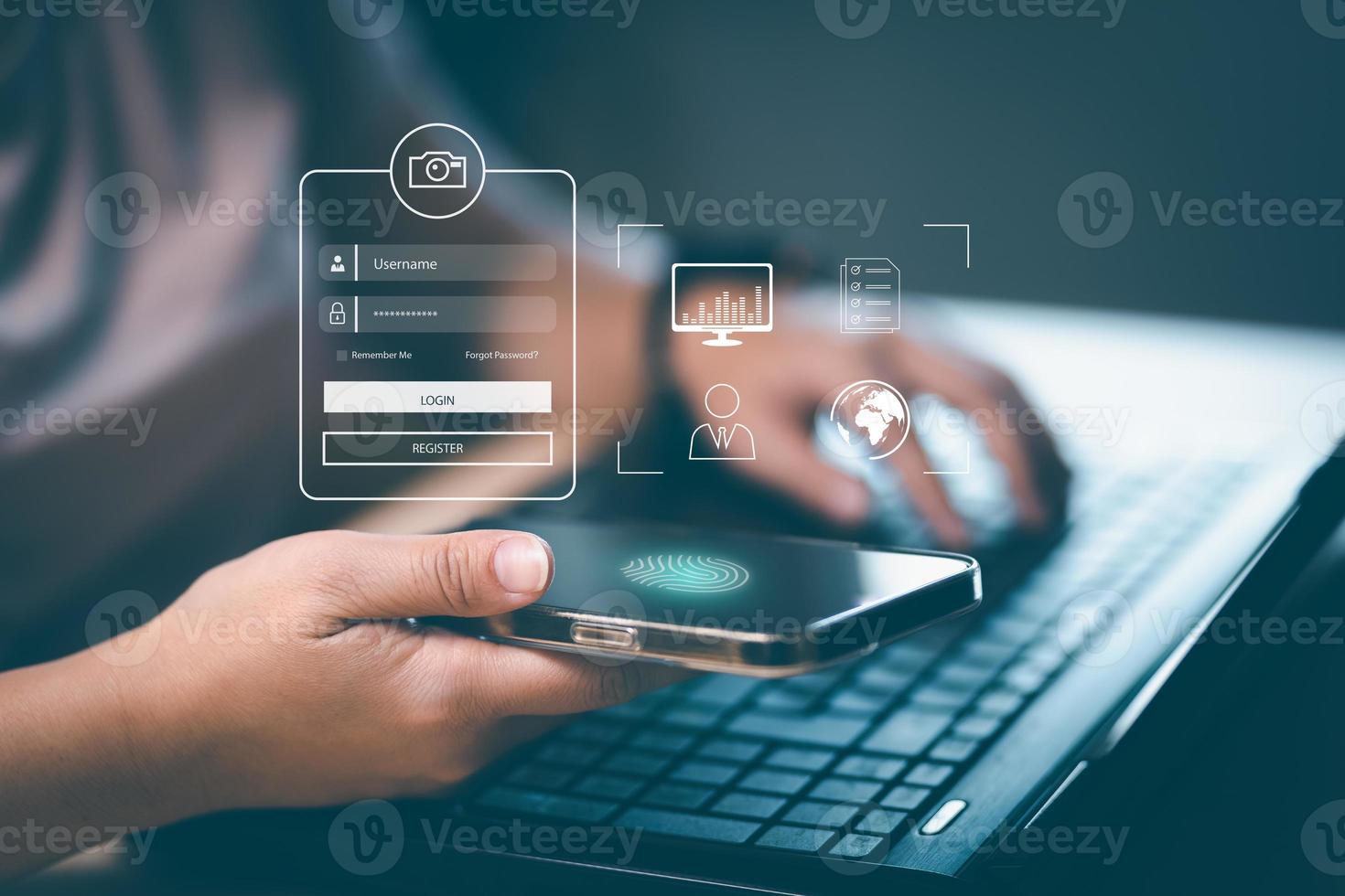 Woman hold Smartphone with virtual global with cyber security, Login, User, identification information security and encryption, secure access to users personal information, secure Internet access, photo