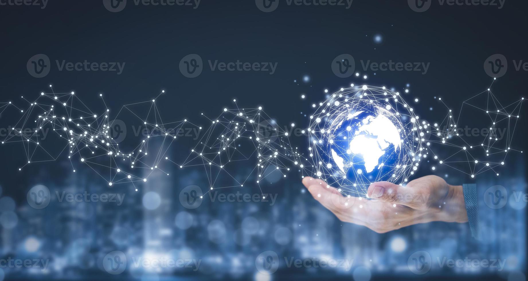 Hand touching global network and data exchanges over the world 3D rendering, Metaverse and digital world online network Business concept,Technology and Big Data,  artificial intelligence technology. photo