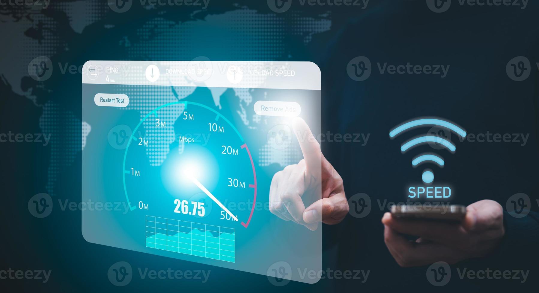 Fast internet connection with Metaverse technology concept, Hand holding smartphone and Virtual screen of Internet speed measurement,Internet and technology concept, 5G Hi speed internet concept photo