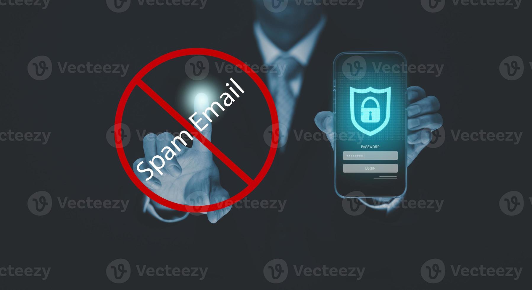 Email concept with laptop spam and virus computer monitor internet security concept, businessman reading electronic mail with a laptop. Spam, junk and e-marketing on screen, Spam Email Pop-up Warning. photo