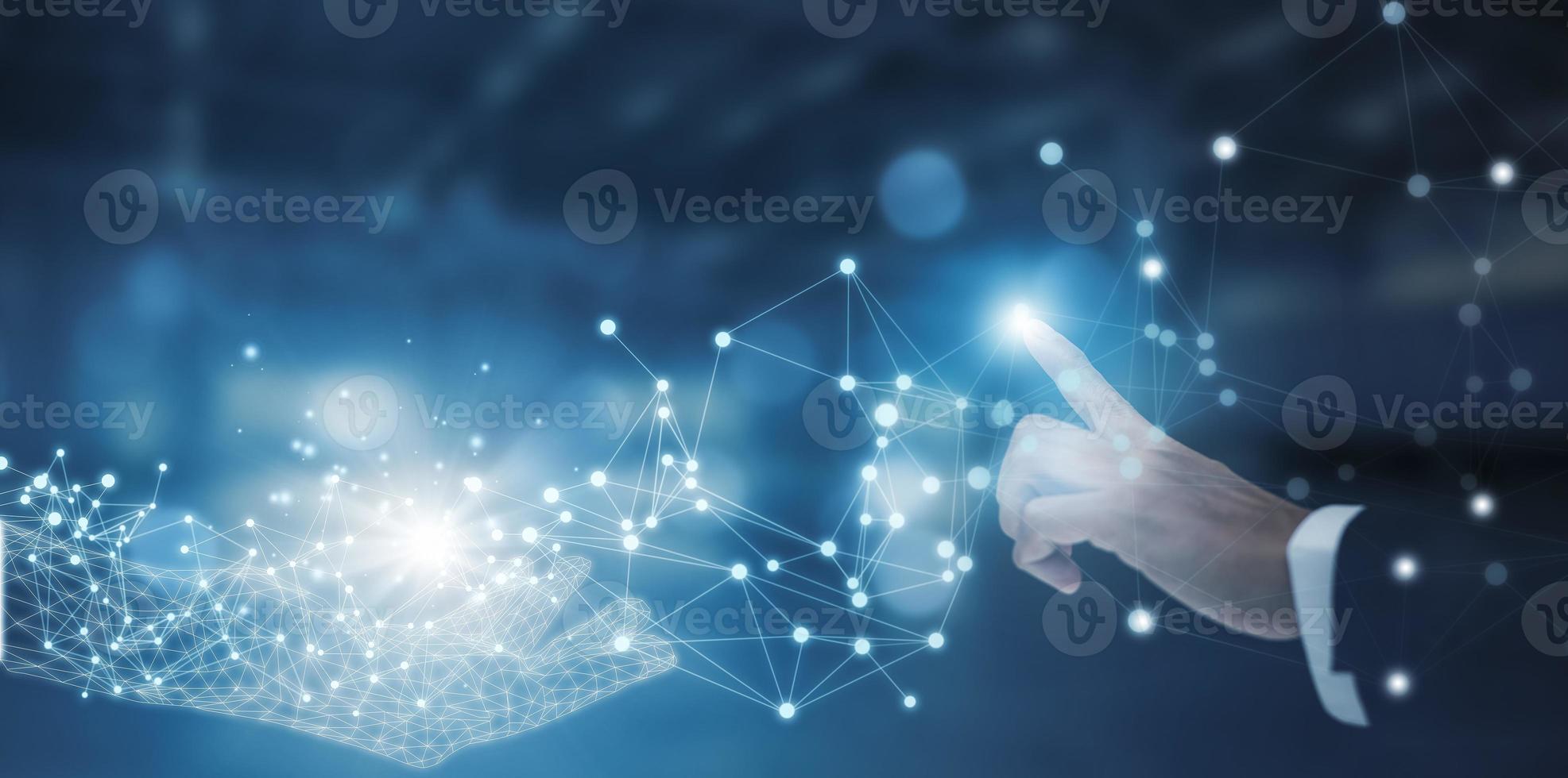 Businessman hand touch line virtual connect with Hand graphic, Wireframe light virtual world connection structure, virtual Hand graphic concept. Isolated vector illustration.Metaverse 2022 concept photo