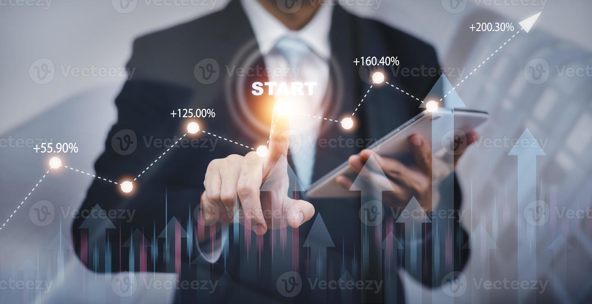 Businessman touch START word on growth data chart arrow with diagram  budget, pointing arrow graph corporate future growth year, Development to success, Stock Market chart. Forex Investment Technology photo