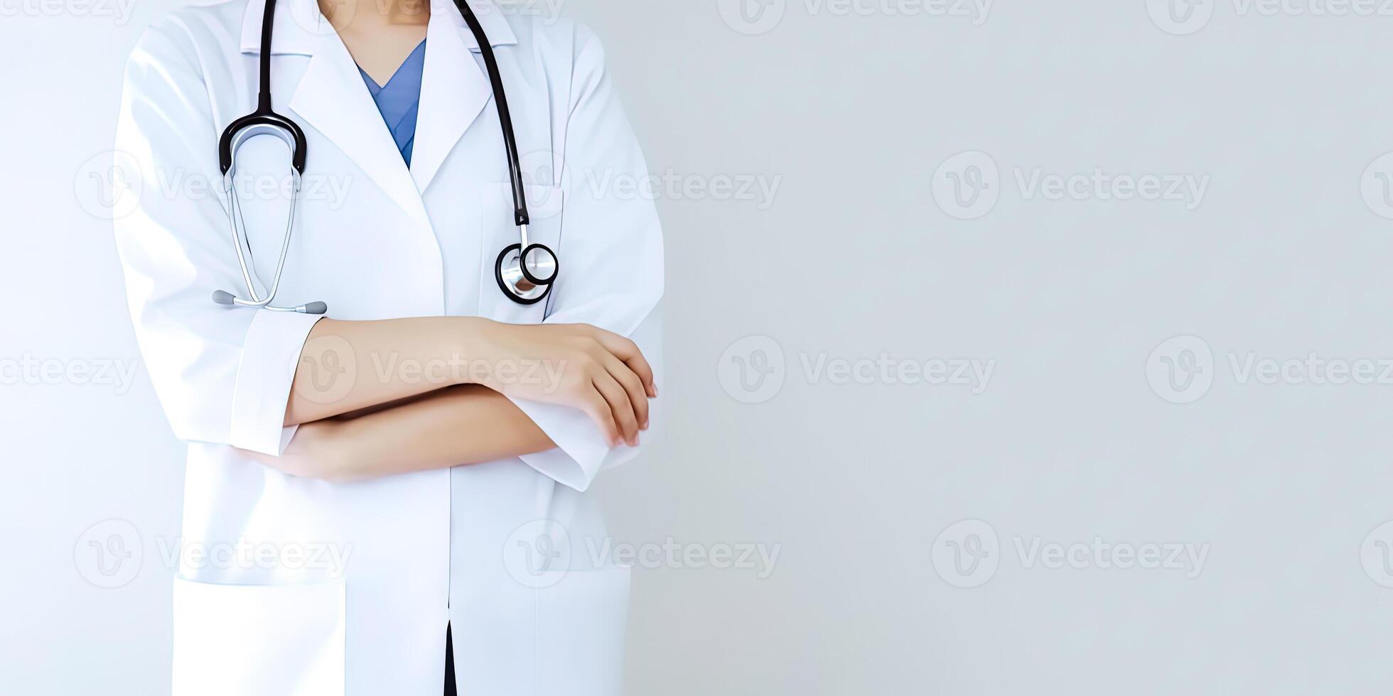 A woman doctor wearing a lab coat with a stethoscope with copy space. photo