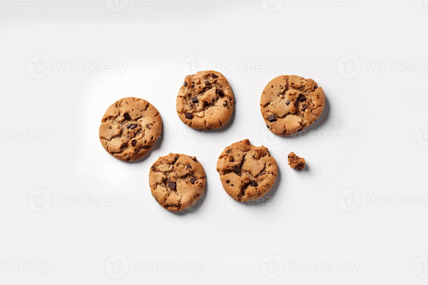 Top view of homemade chocolate chip cookies isolated on white background. photo