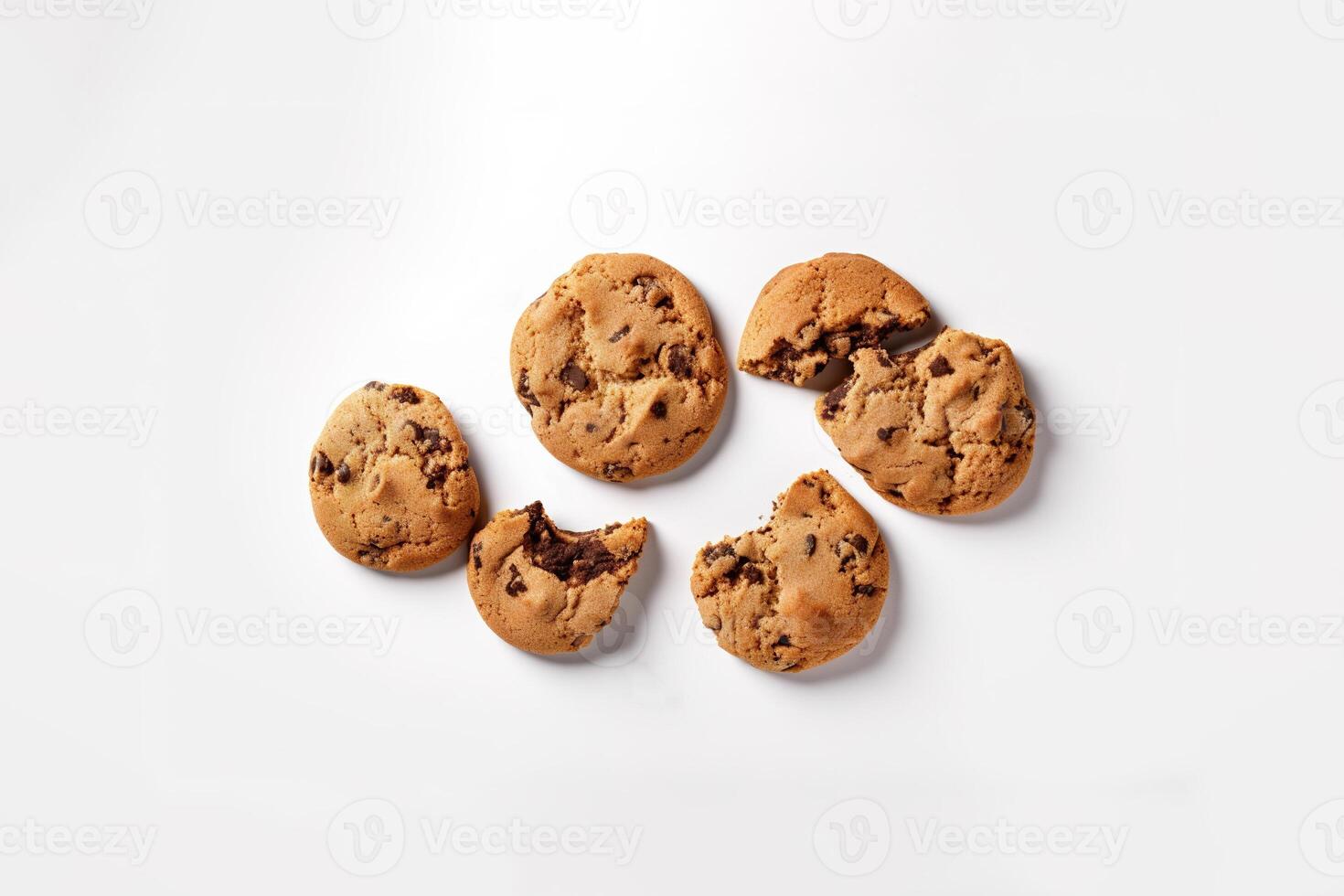 Top view of homemade chocolate chip cookies isolated on white background. photo