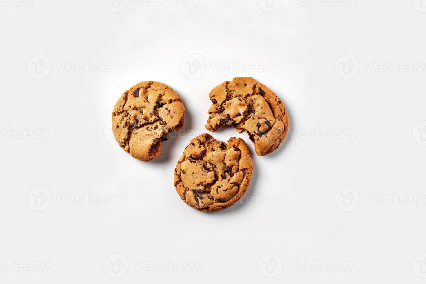 Top view of homemade chocolate chip cookies isolated on white background. photo