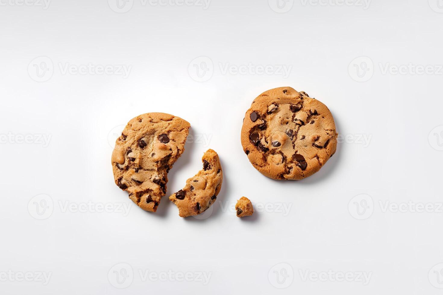 Top view of homemade chocolate chip cookies isolated on white background. photo