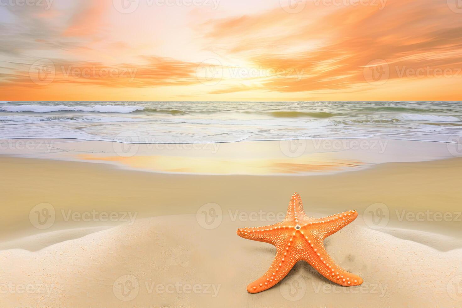 un estrella de mar en un arenoso playa con el Oceano en el antecedentes. ai generado foto