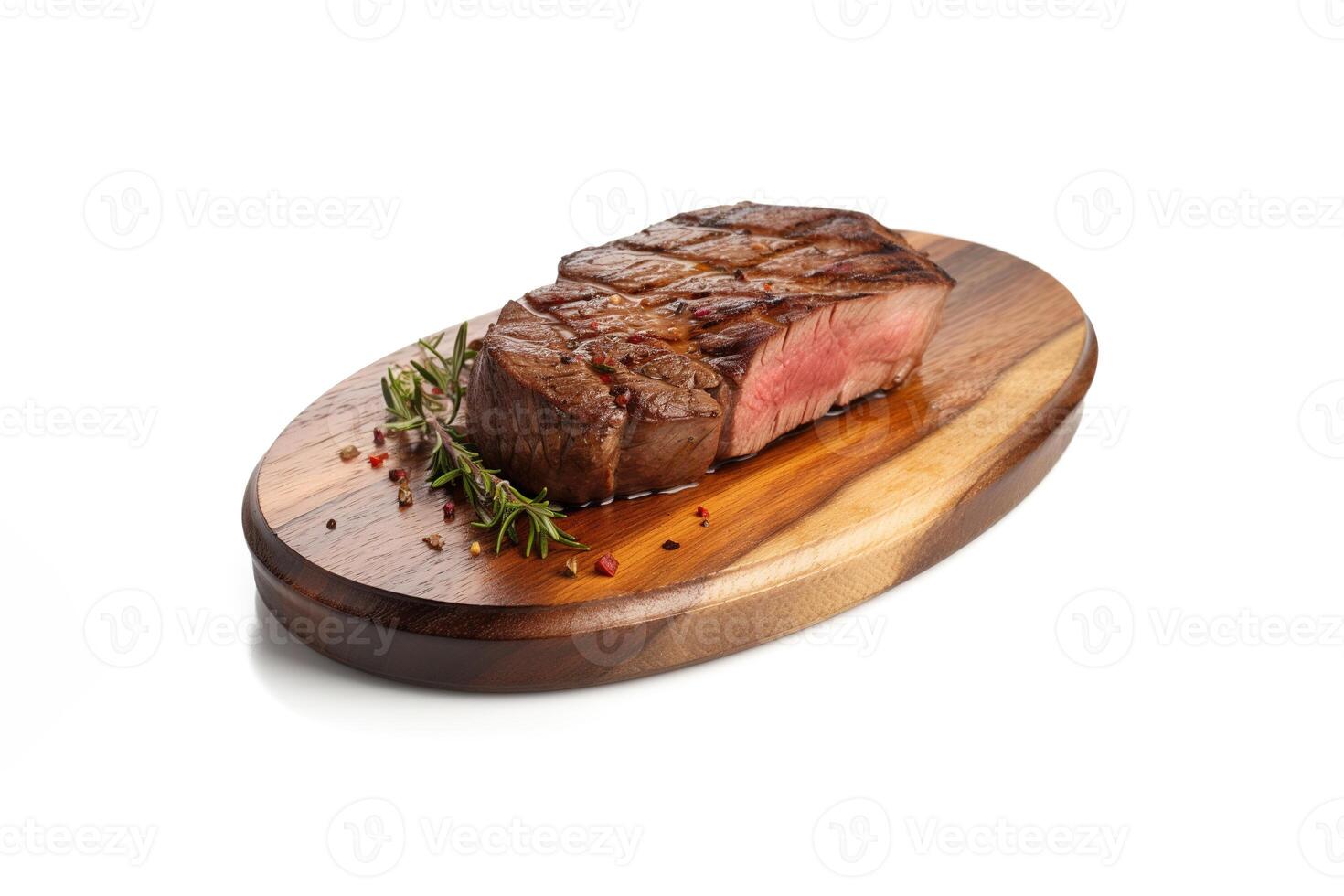 a wooden plate of beef steak grilled with sauce isolated on white