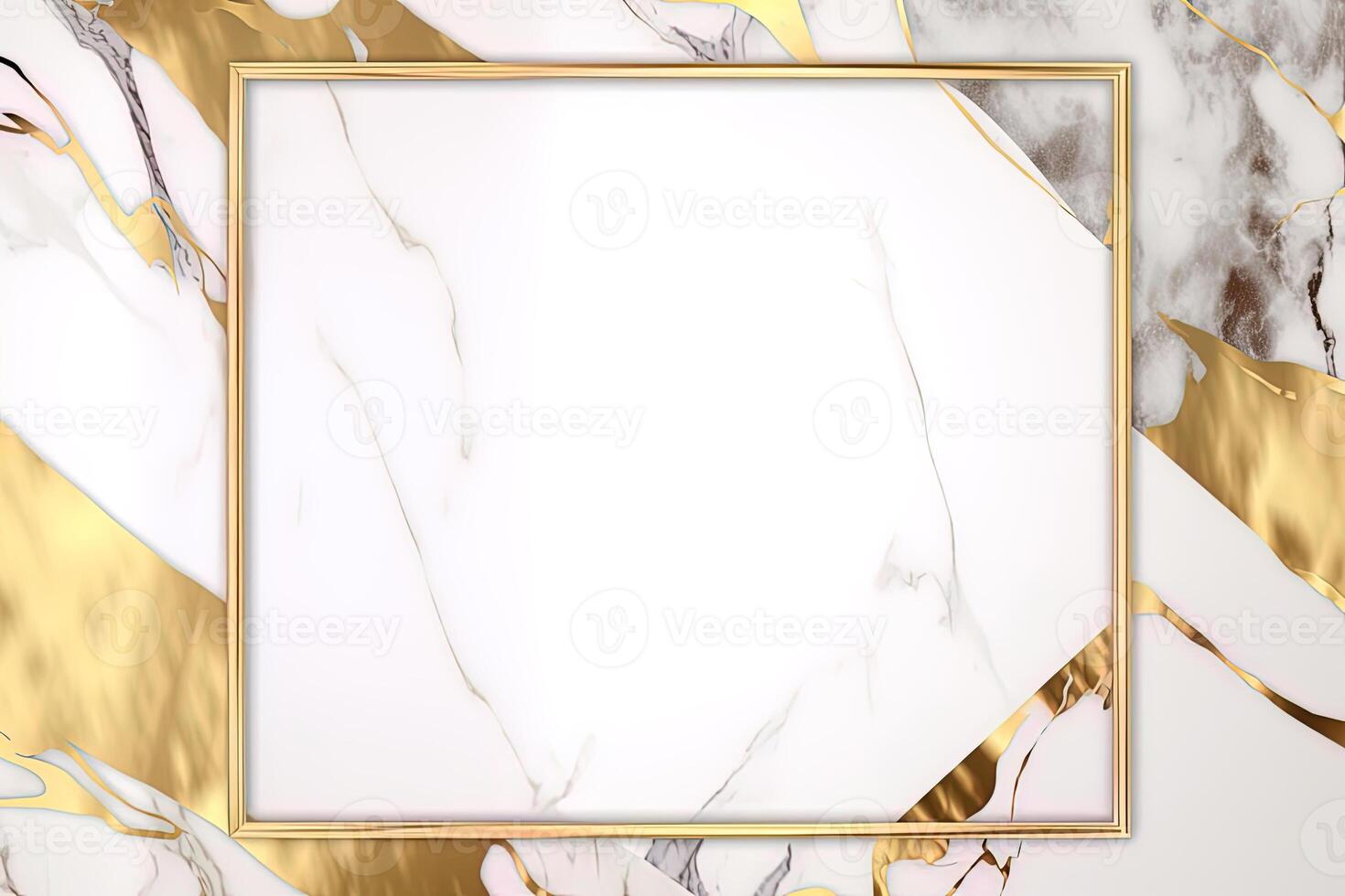Rectangle gold frame on white marble background. photo