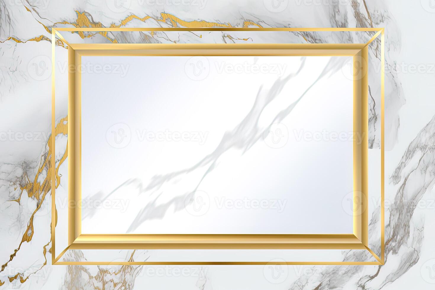 Rectangle gold frame on white marble background. photo