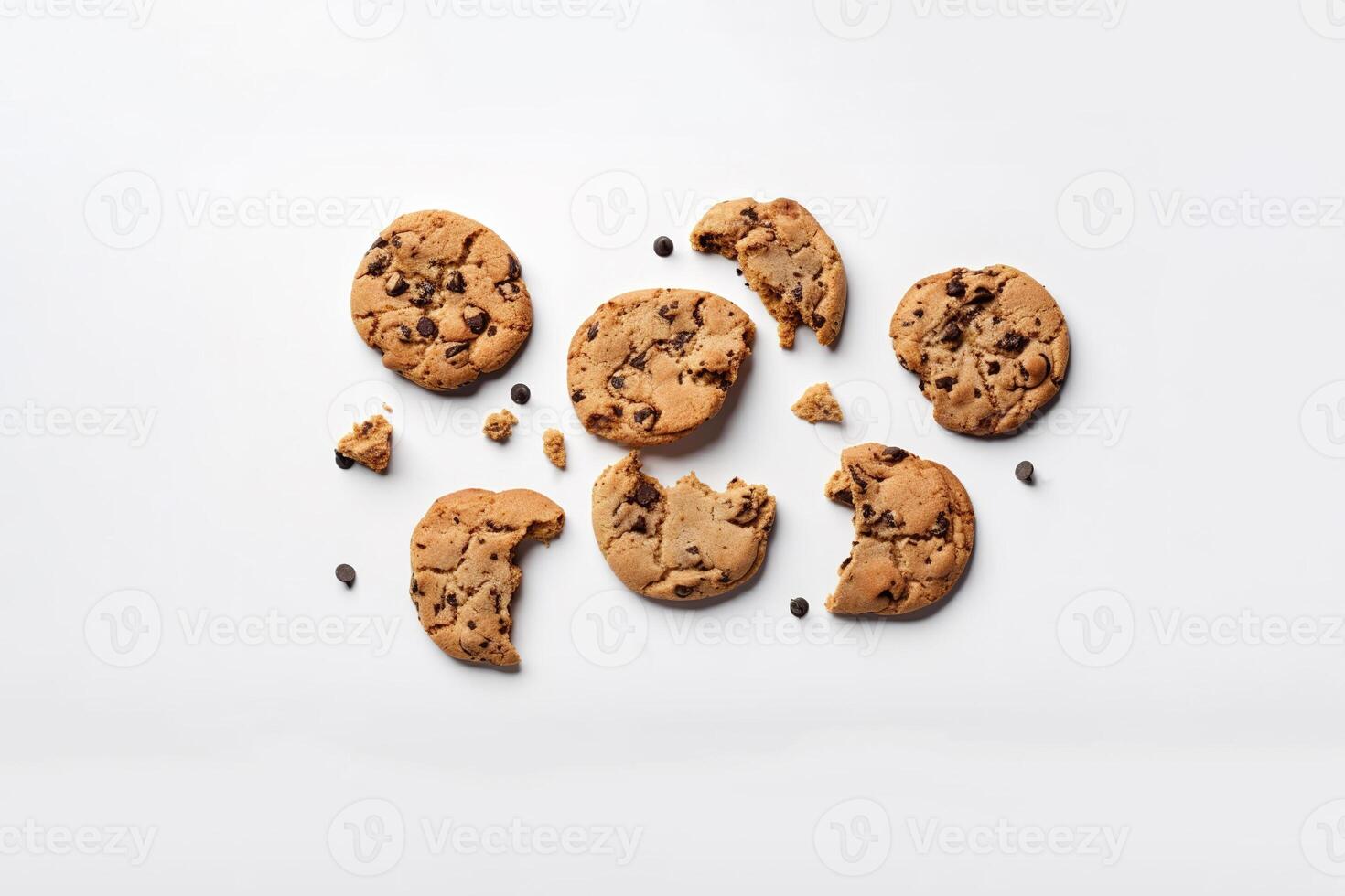 Top view of homemade chocolate chip cookies isolated on white background. photo