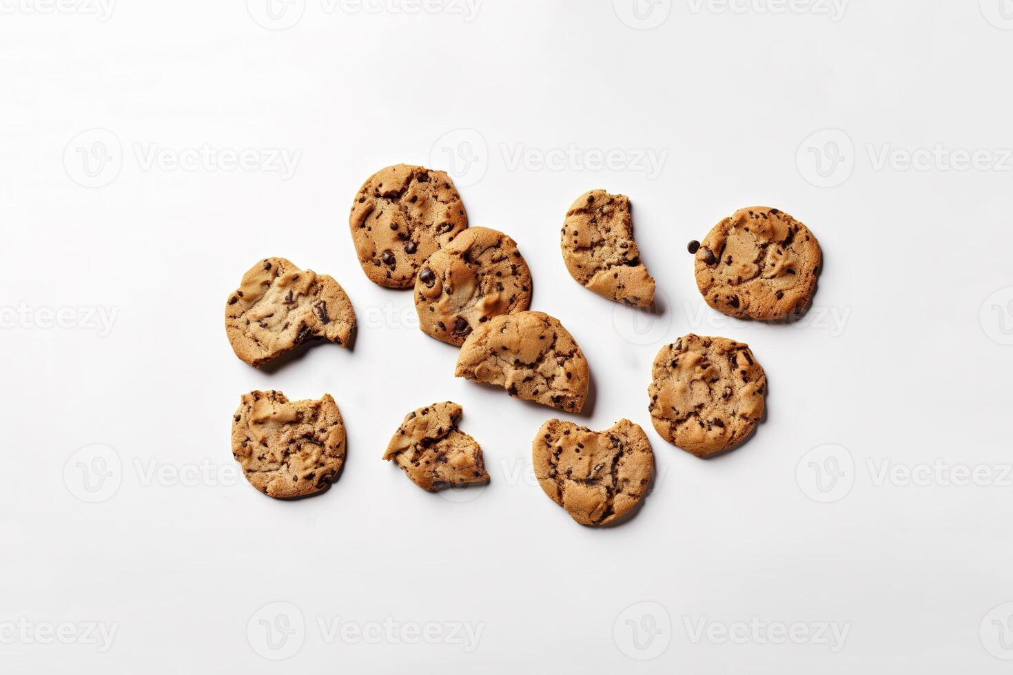 Top view of homemade chocolate chip cookies isolated on white background. photo