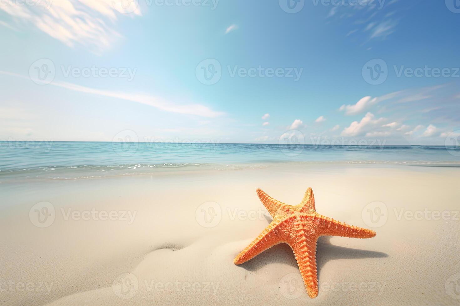 un estrella de mar en un arenoso playa con el Oceano en el antecedentes. ai generado foto