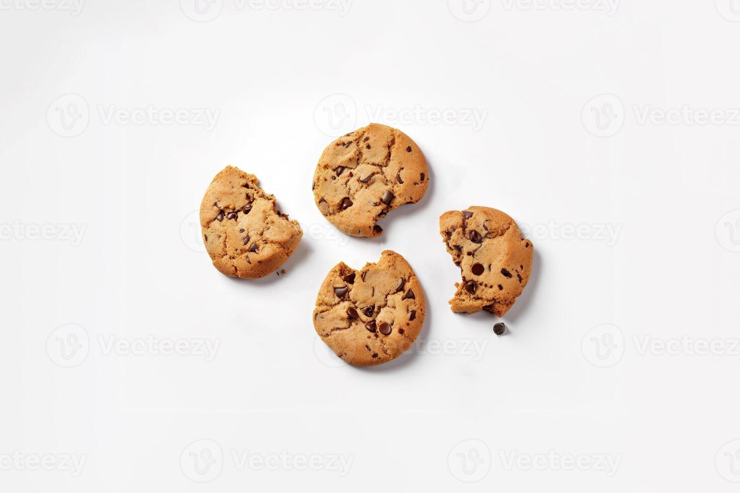 Top view of homemade chocolate chip cookies isolated on white background. photo