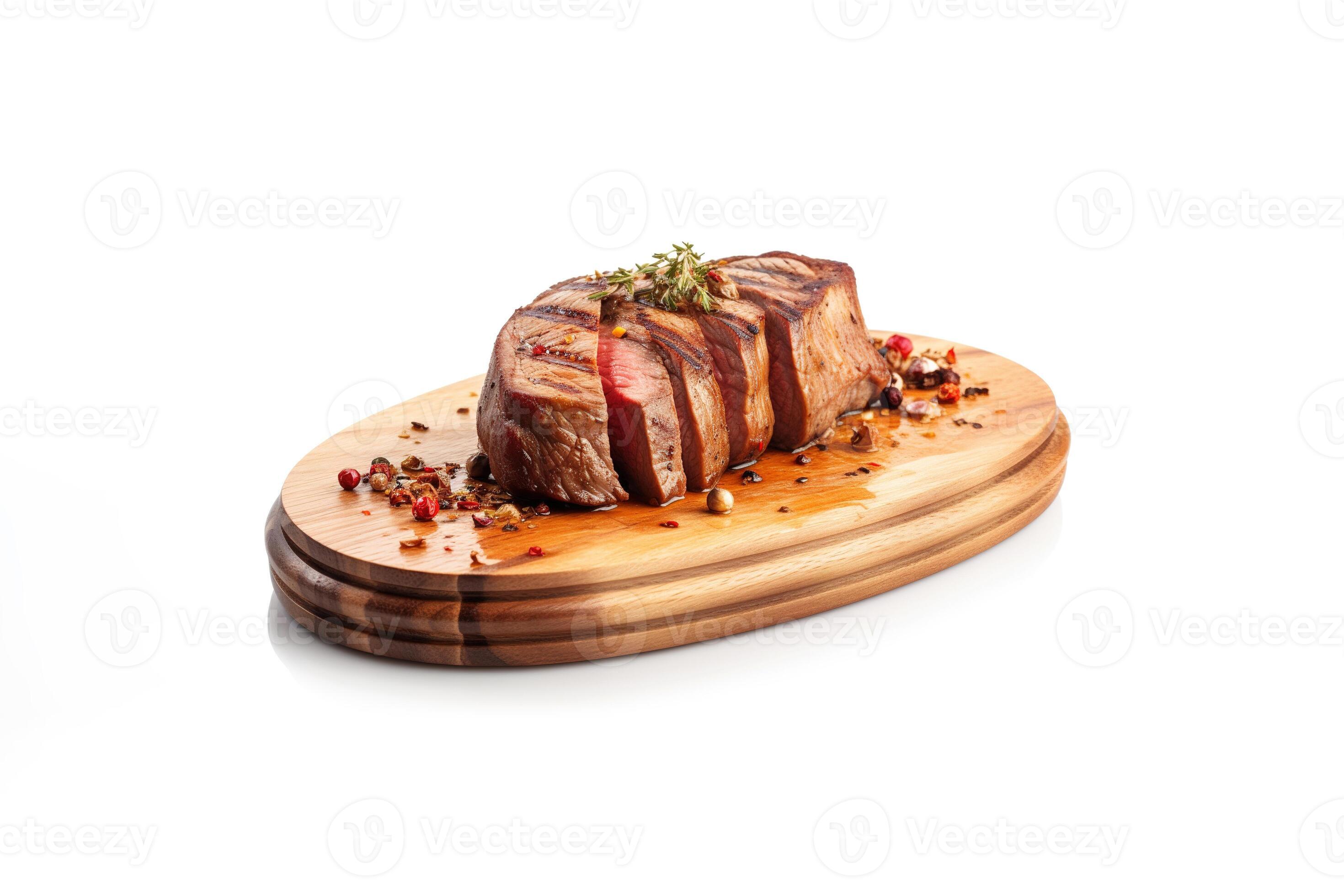 a wooden plate of beef steak grilled with sauce isolated on white