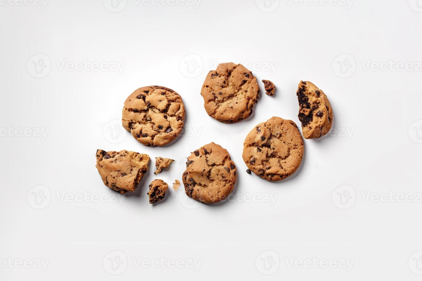 Top view of homemade chocolate chip cookies isolated on white background. photo