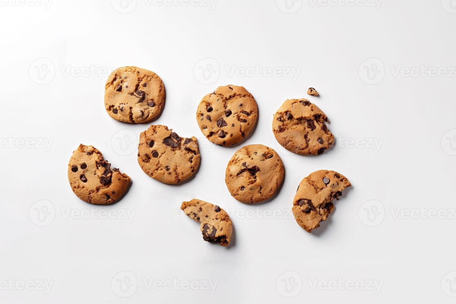 Top view of homemade chocolate chip cookies isolated on white background. photo