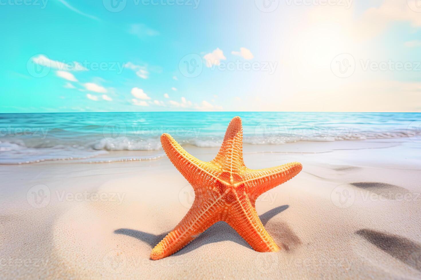 Caracol de mar en el mar tropical y fondo de cielo azul de playa de arena  creado generativo ai