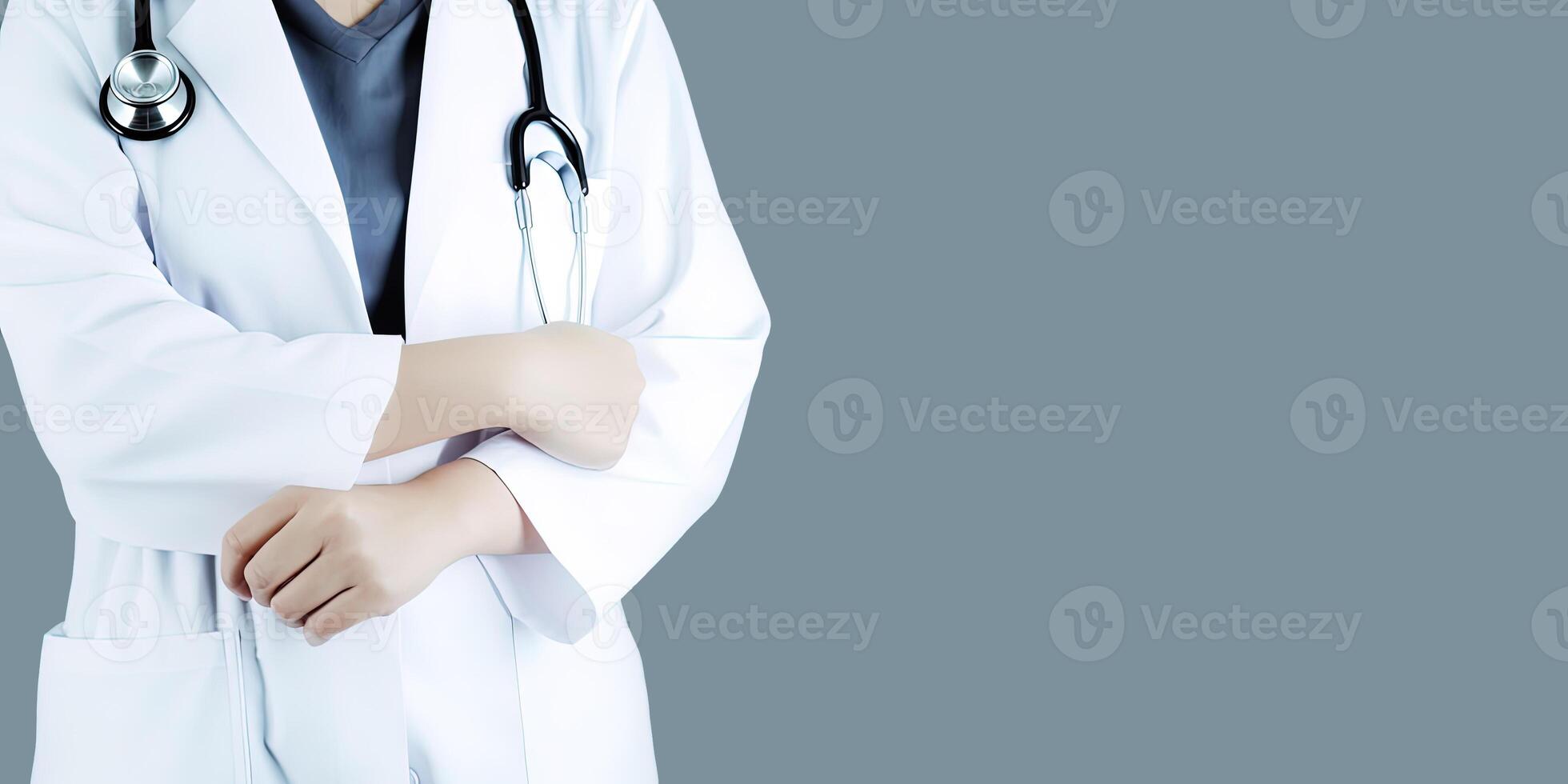 A woman doctor wearing a lab coat with a stethoscope with copy space. photo