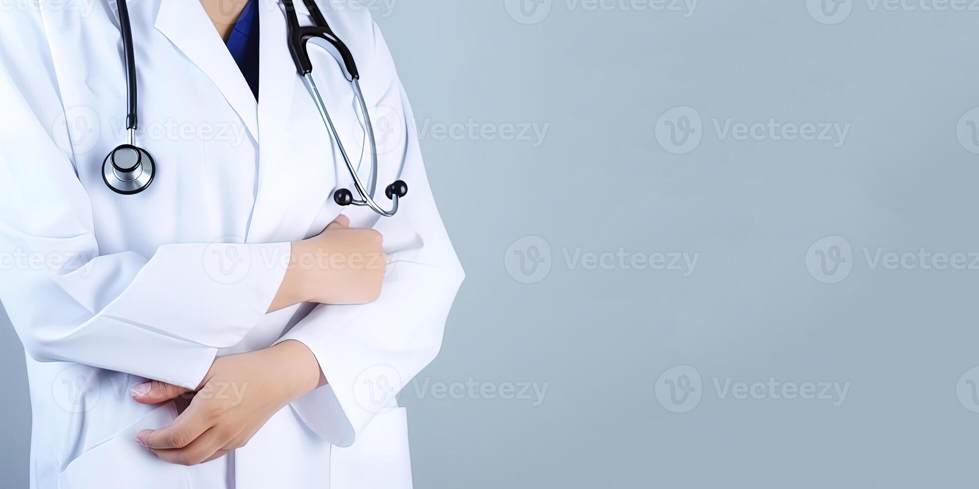 A woman doctor wearing a lab coat with a stethoscope with copy space. photo