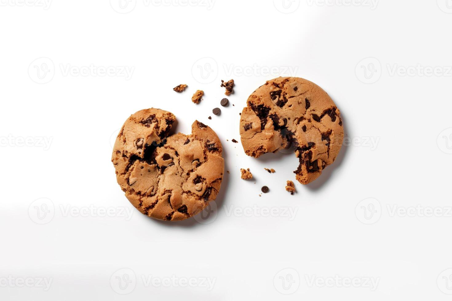 Top view of homemade chocolate chip cookies isolated on white background. photo