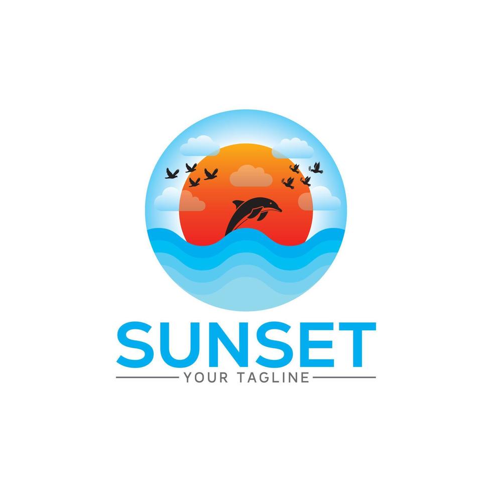 Sunset Logo Vector Illustration Include Cloud, Sun, Bird, Sky, Fish And Wave.