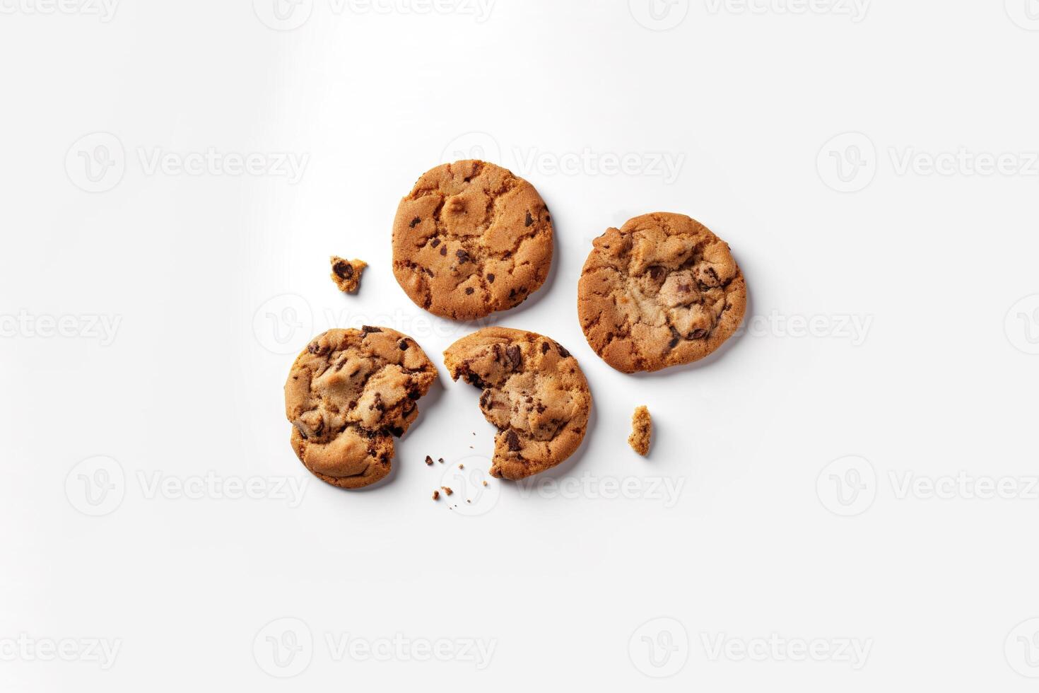 Top view of homemade chocolate chip cookies isolated on white background. photo